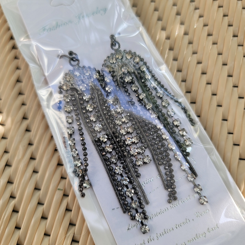 Elegant Silver Tone and Black Dangle Earrings